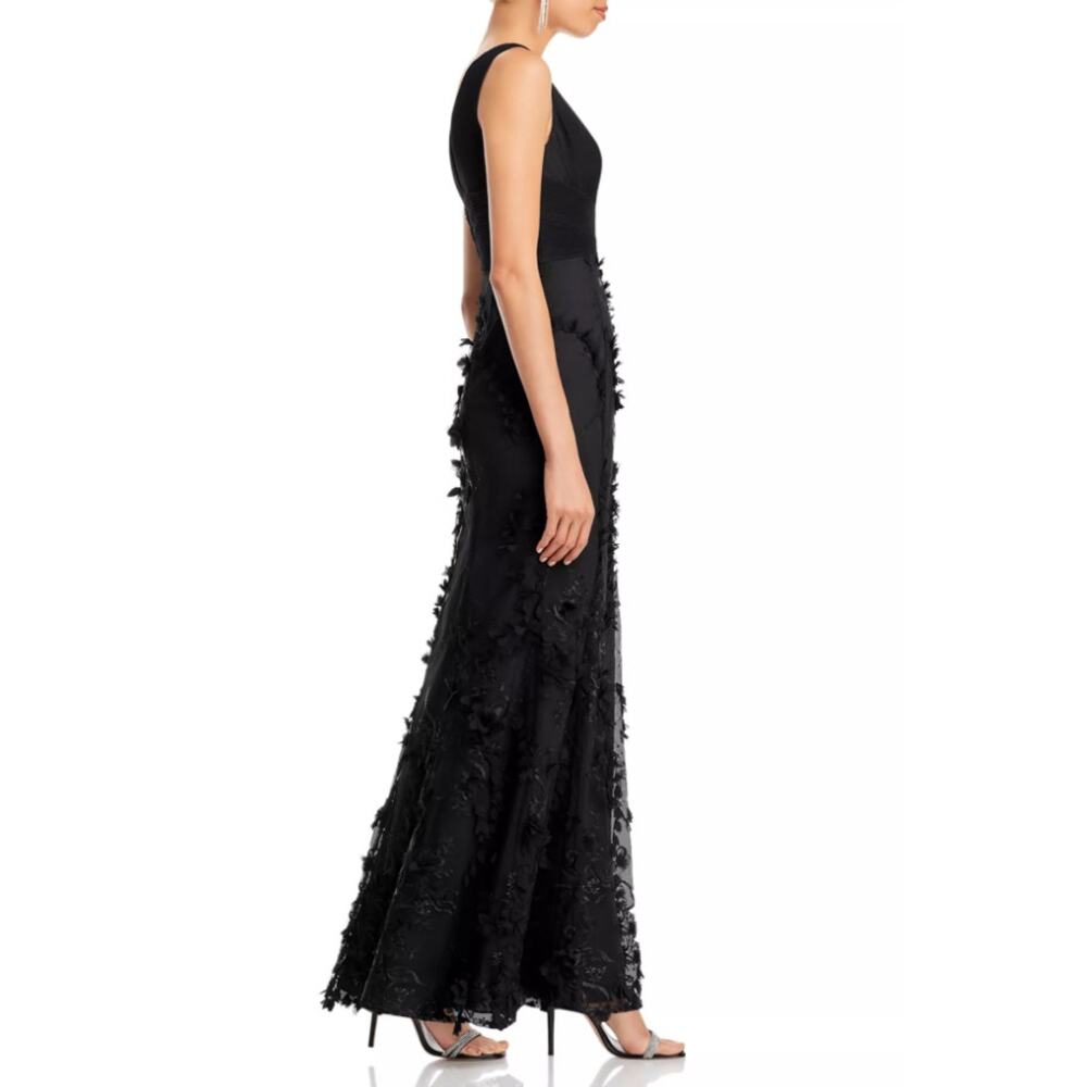 Adrianna Papell Black Floral Appliqué Double V Neck Mermaid Gown Size 10 - Picture 10 of 12